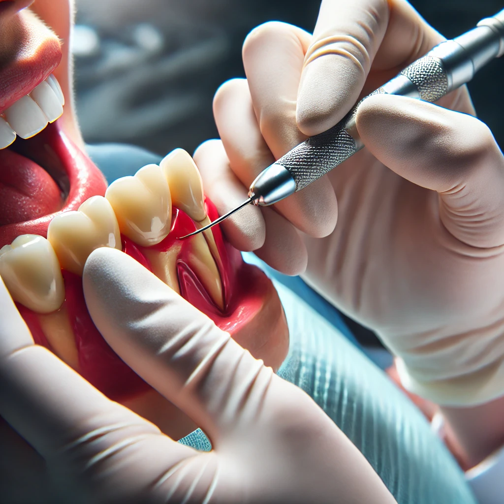 DALL·E 2025 03 22 18.40.07 A dentist applying a tooth colored composite filling to a patients tooth demonstrating modern aesthetic dental restoration