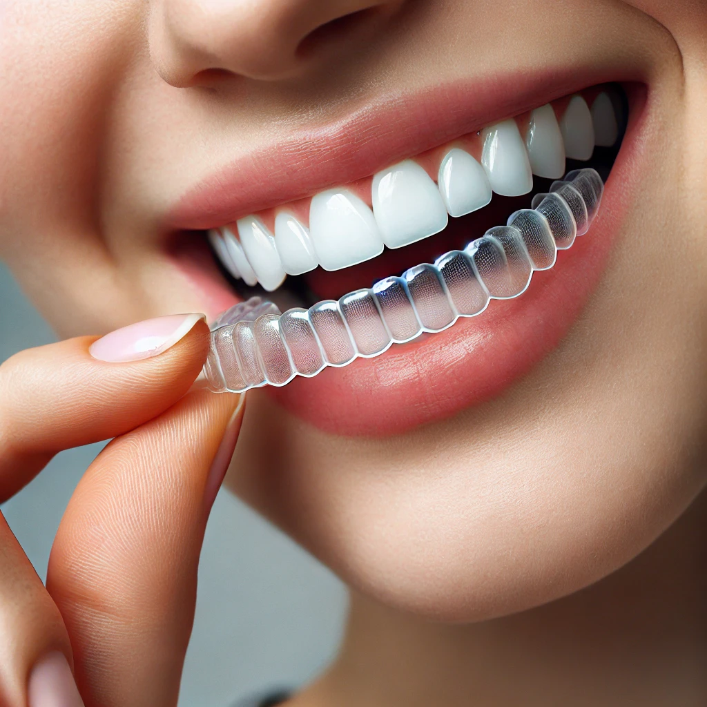 DALL·E 2025 03 22 18.40.18 A person inserting a clear Invisalign aligner onto their teeth highlighting the discreet and modern orthodontic solution